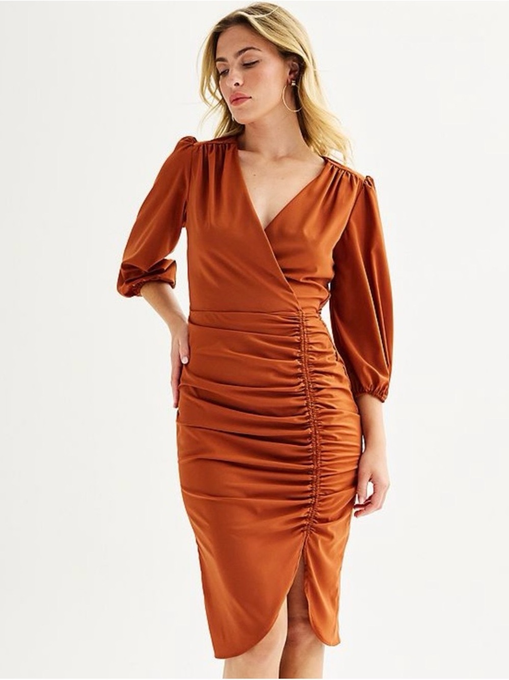 Maison Tara Gathered Wrap-Front Midi Dress in Rust